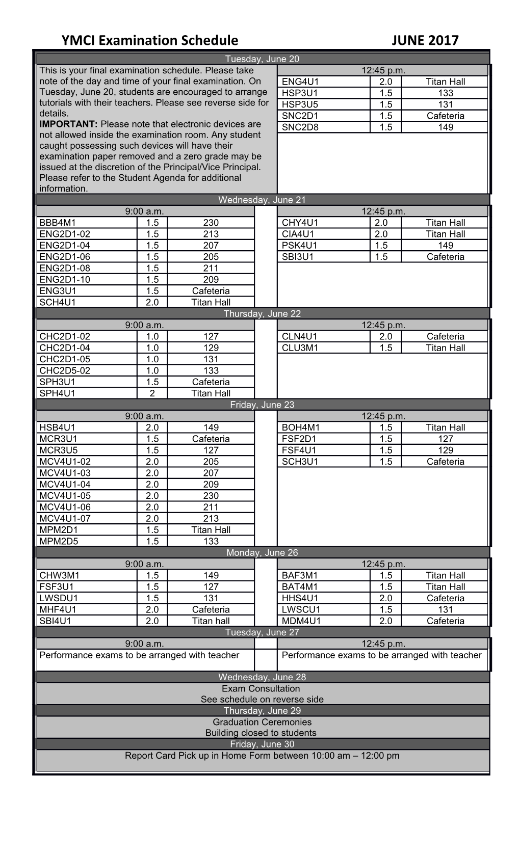 YMCI Examination Schedule JUNE 2017