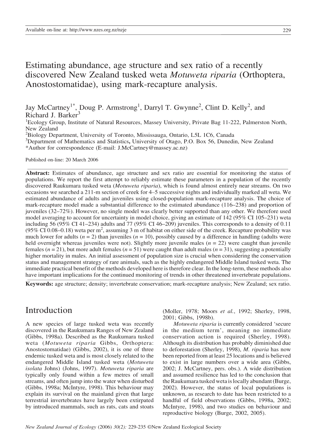 Estimating Abundance, Age Structure and Sex Ratio of a Recently Discovered New Zealand Tusked Weta Motuweta Riparia (Orthoptera