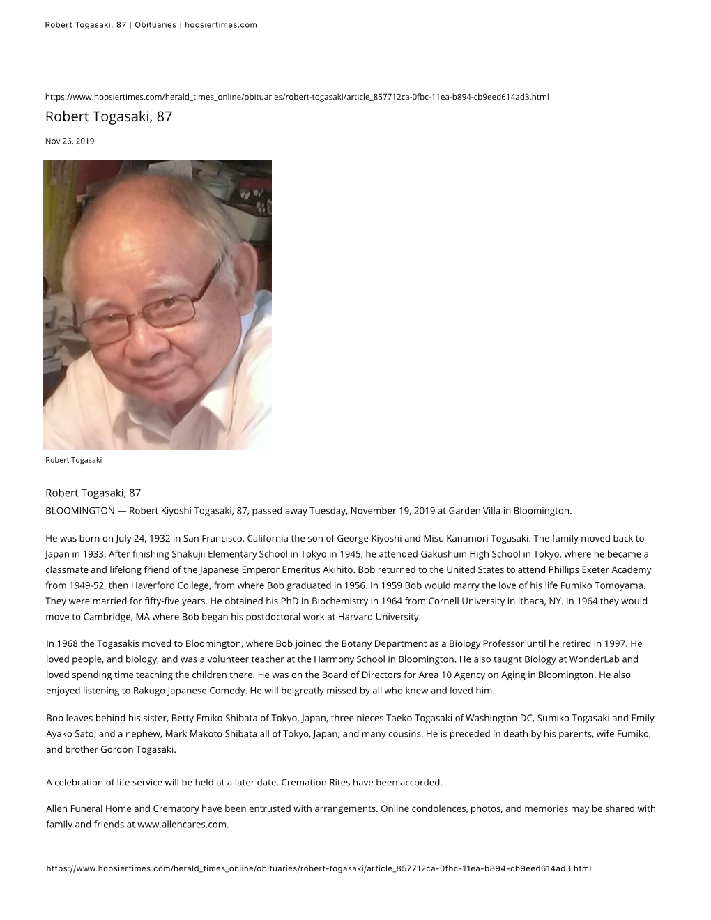 Robert Togasaki, 87 | Obituaries | Hoosiertimes.Com