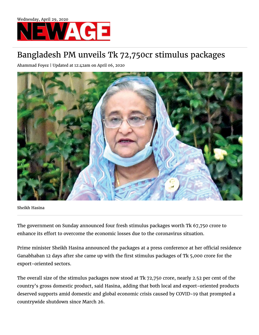 Bangladesh PM Unveils Tk 72,750Cr Stimulus Packages