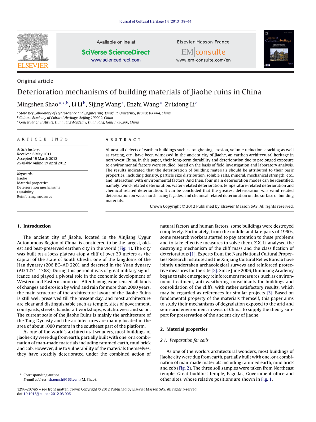 Deterioration Mechanisms of Building Materials of Jiaohe Ruins in China