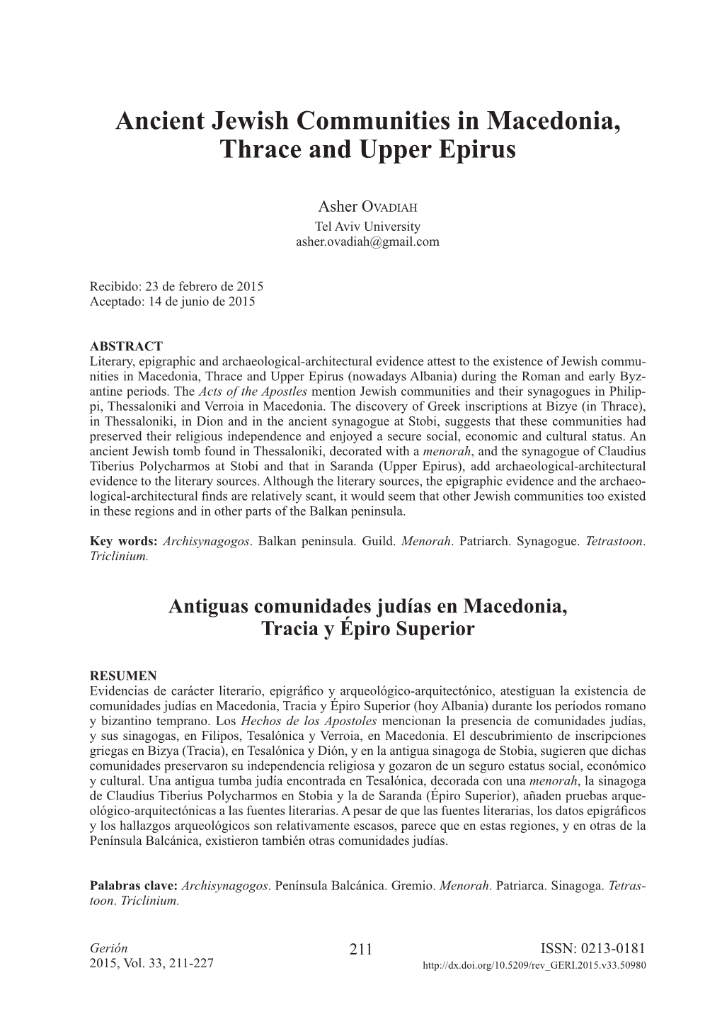 Ancient Jewish Communities in Macedonia, Thrace and Upper Epirus