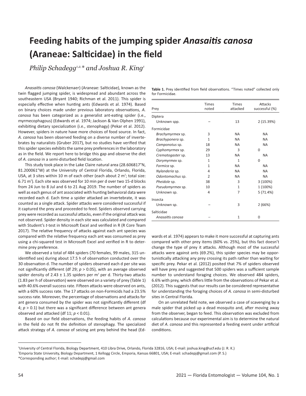 Feeding Habits of the Jumping Spider Anasaitis Canosa (Araneae: Salticidae) in the Field