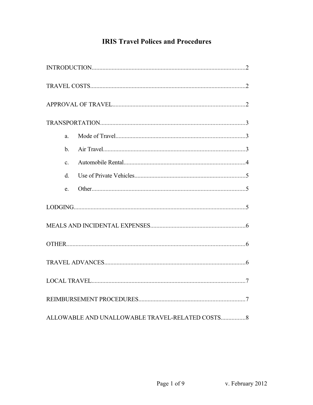 IRIS Travel Policies And Procedures