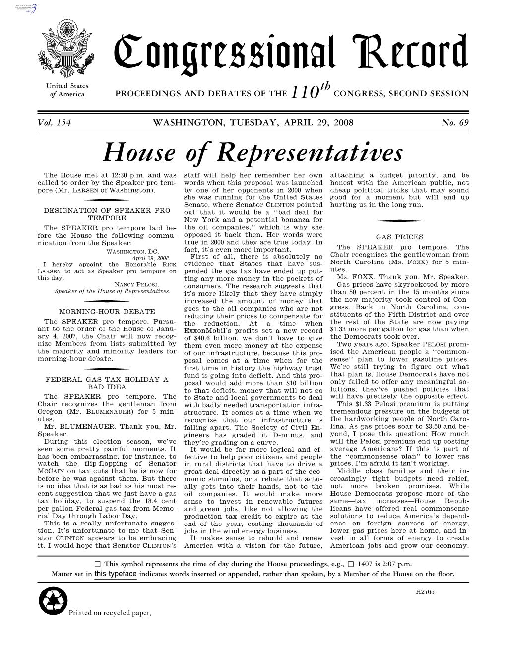 Congressional Record United States Th of America PROCEEDINGS and DEBATES of the 110 CONGRESS, SECOND SESSION