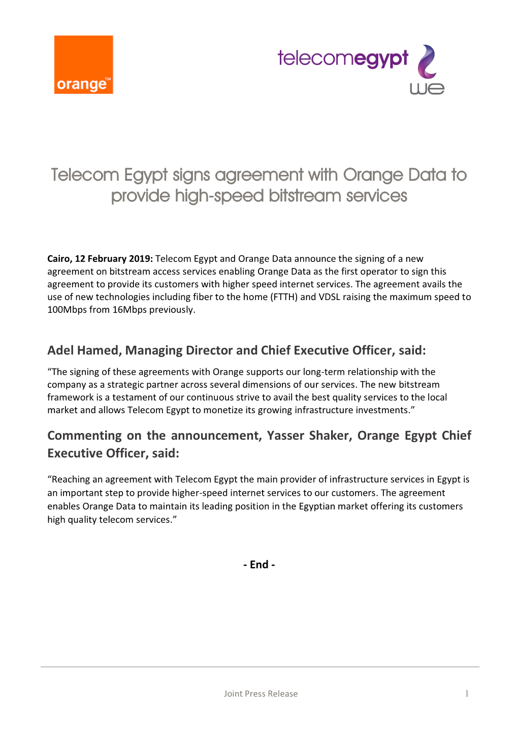 Telecom Egypt Signs Agreement with Orange Data to Provide High-Speed Bitstream Services