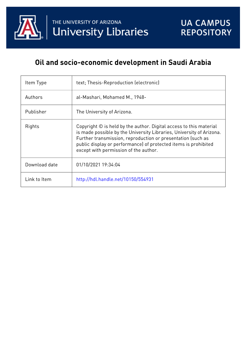 Oil and Socio-Economic Development in Saudi Arabia