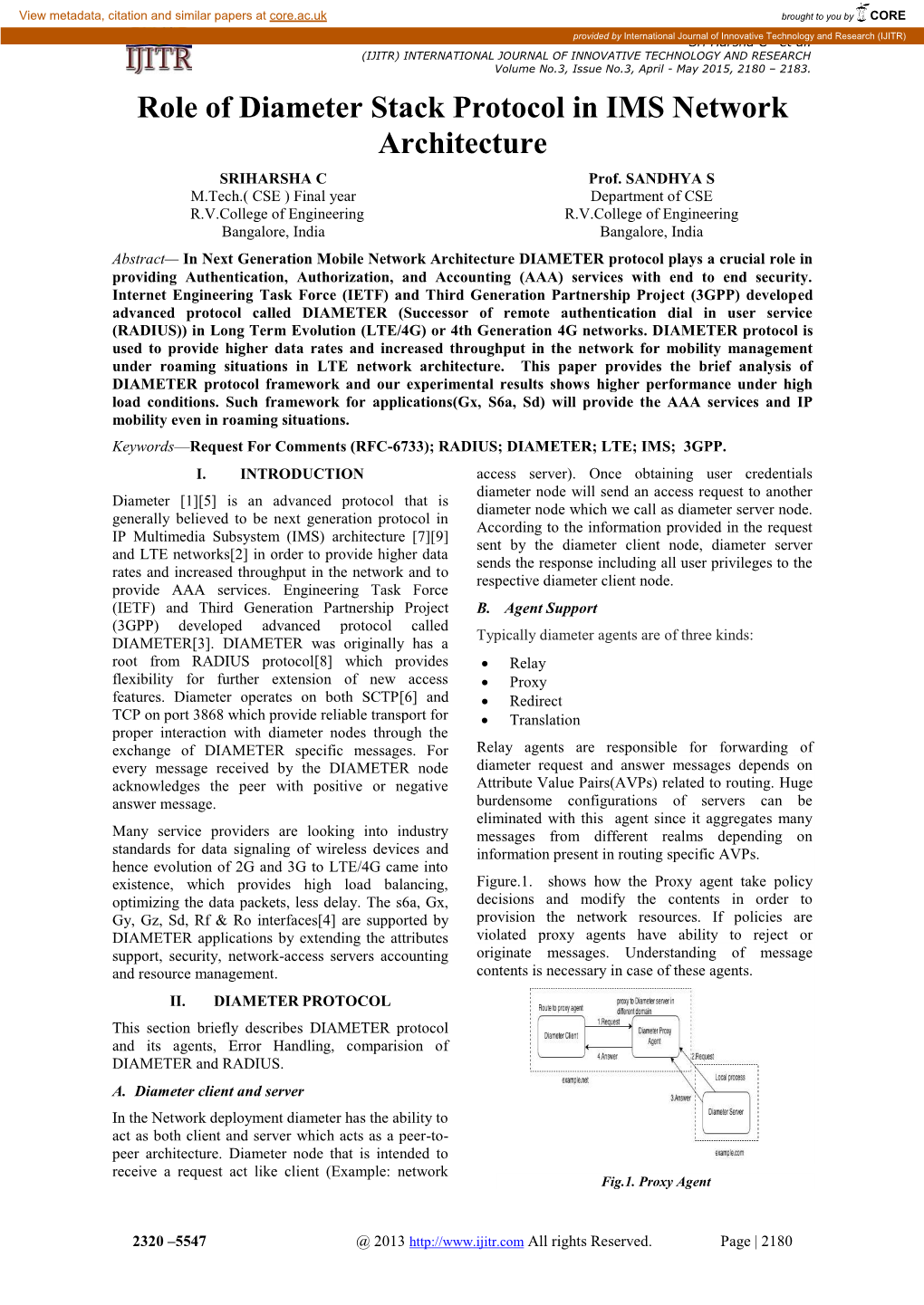 Role of Diameter Stack Protocol in IMS Network Architecture SRIHARSHA C Prof