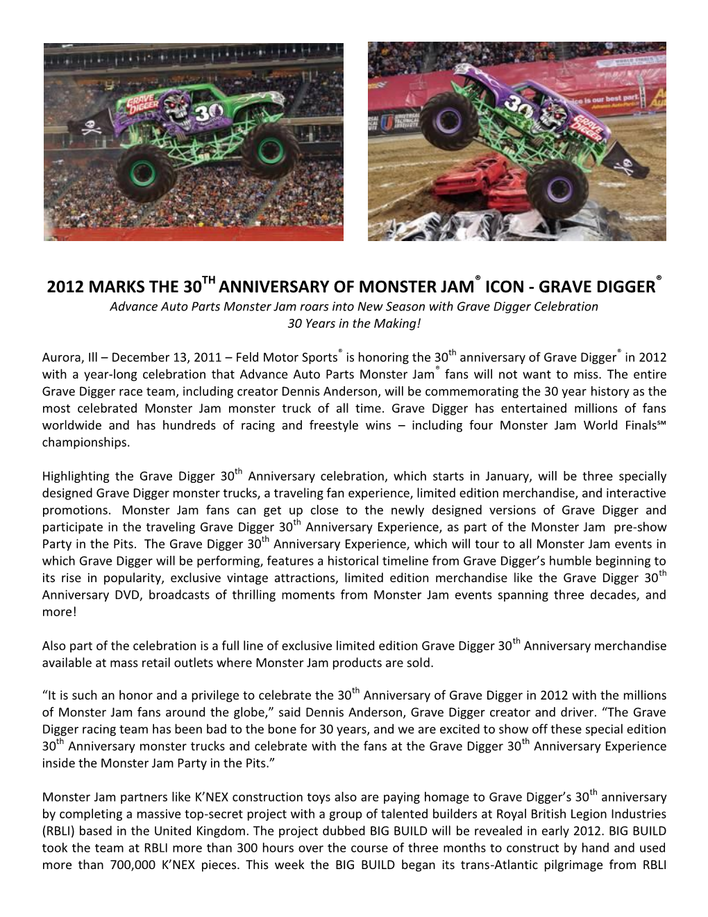 GRAVE DIGGER® Advance Auto Parts Monster Jam Roars Into New Season with Grave Digger Celebration 30 Years in the Making!