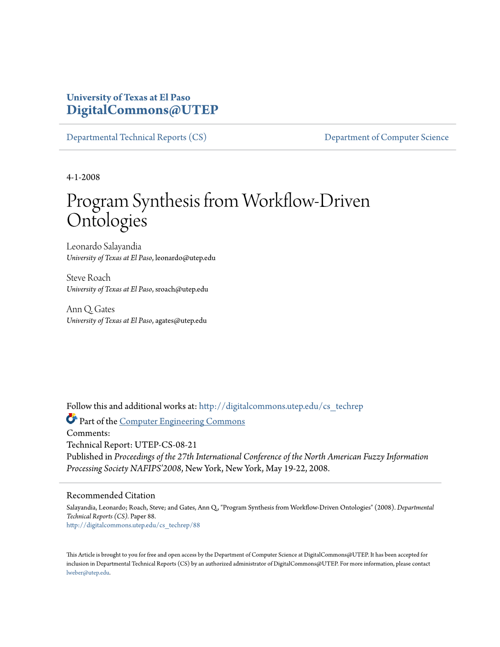 Program Synthesis from Workflow-Driven Ontologies Leonardo Salayandia University of Texas at El Paso, Leonardo@Utep.Edu
