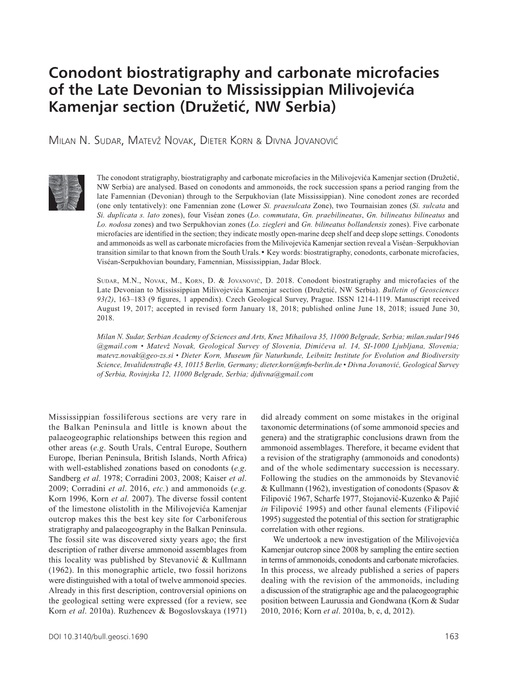 Conodont Biostratigraphy and Carbonate Microfacies of the Late Devonian to Mississippian Milivojevića Kamenjar Section (Družetić, NW Serbia)