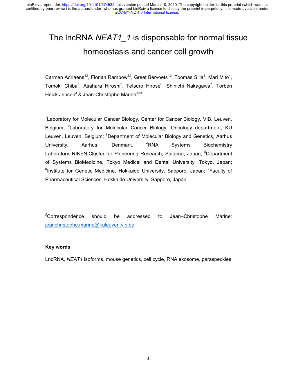 The Lncrna NEAT1 1 Is Dispensable for Normal Tissue Homeostasis and Cancer Cell Growth