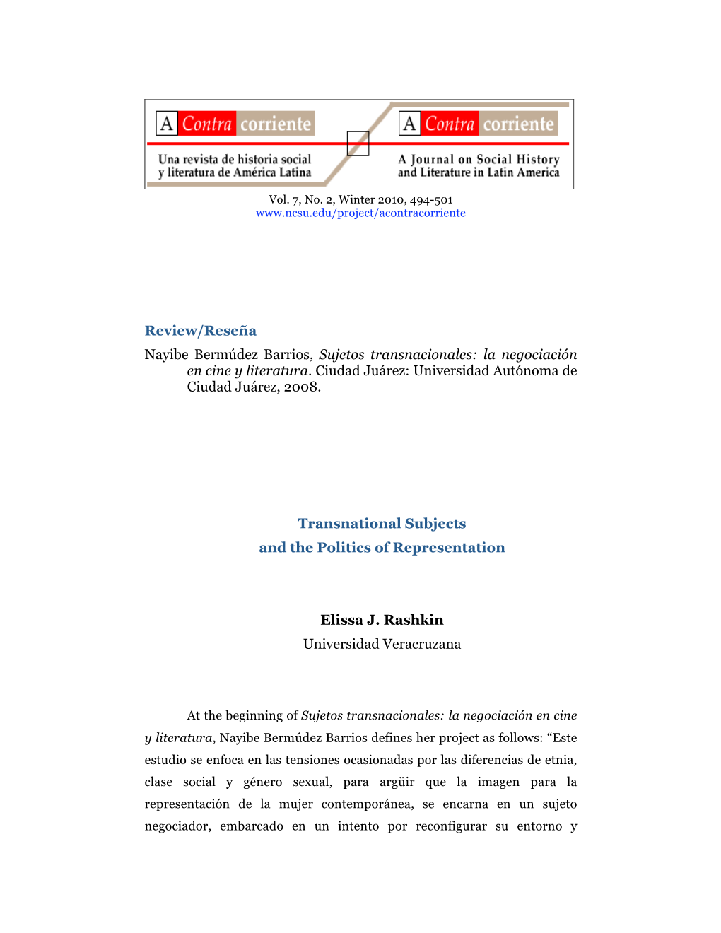 Review/Reseña Nayibe Bermúdez Barrios, Sujetos Transnacionales: La Negociación En Cine Y Literatura