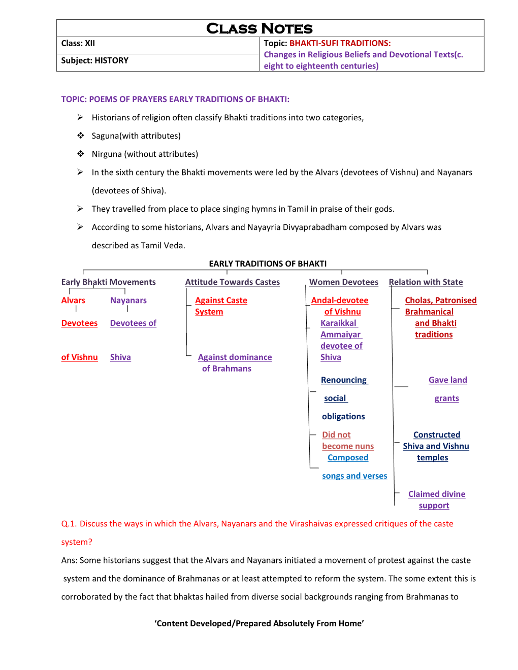 Class Notes Class: XII Topic: BHAKTI-SUFI TRADITIONS: Changes in Religious Beliefs and Devotional Texts(C