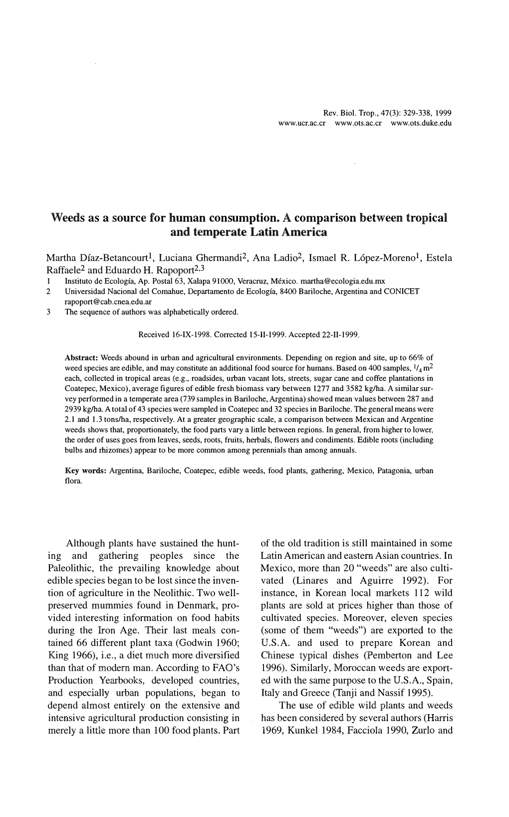 Weeds As a Source for Human Consumption. a Comparison Between Tropical � �Ajjd Temperatelatinamerica