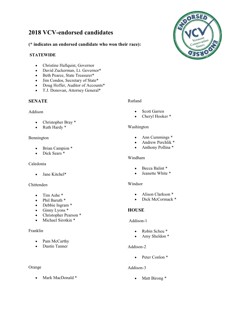 2018 VCV Statewide and Legislative Endorsements