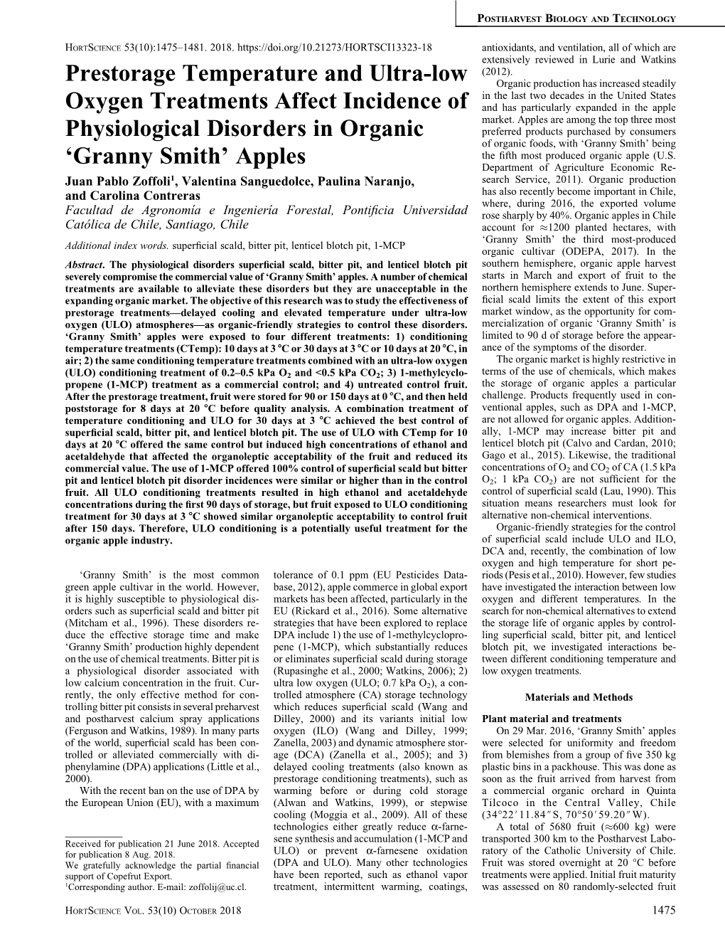 Prestorage Temperature and Ultra-Low Oxygen Treatments Affect