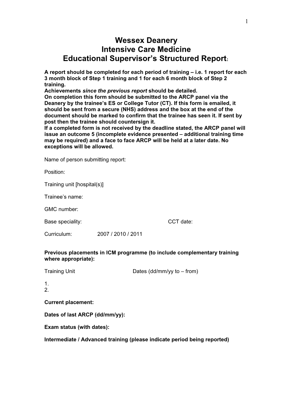 Educational Supervisor S Structured Report: Submission to the Annual Review of Competence