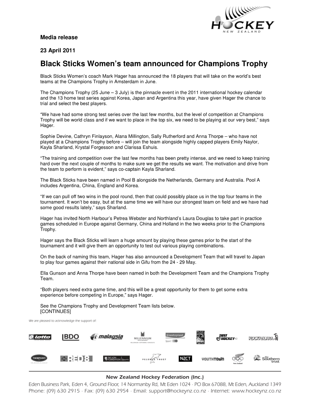 Black Sticks Women's Team Announced for Champions Trophy