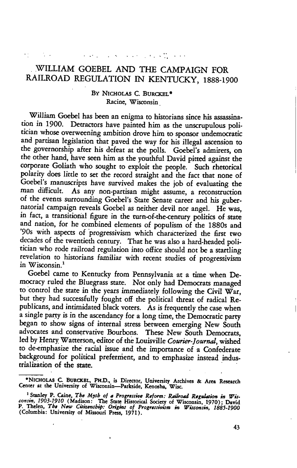 William Goebel and the Campaign for Railroad Regulation in Kentucky, 1888-1900