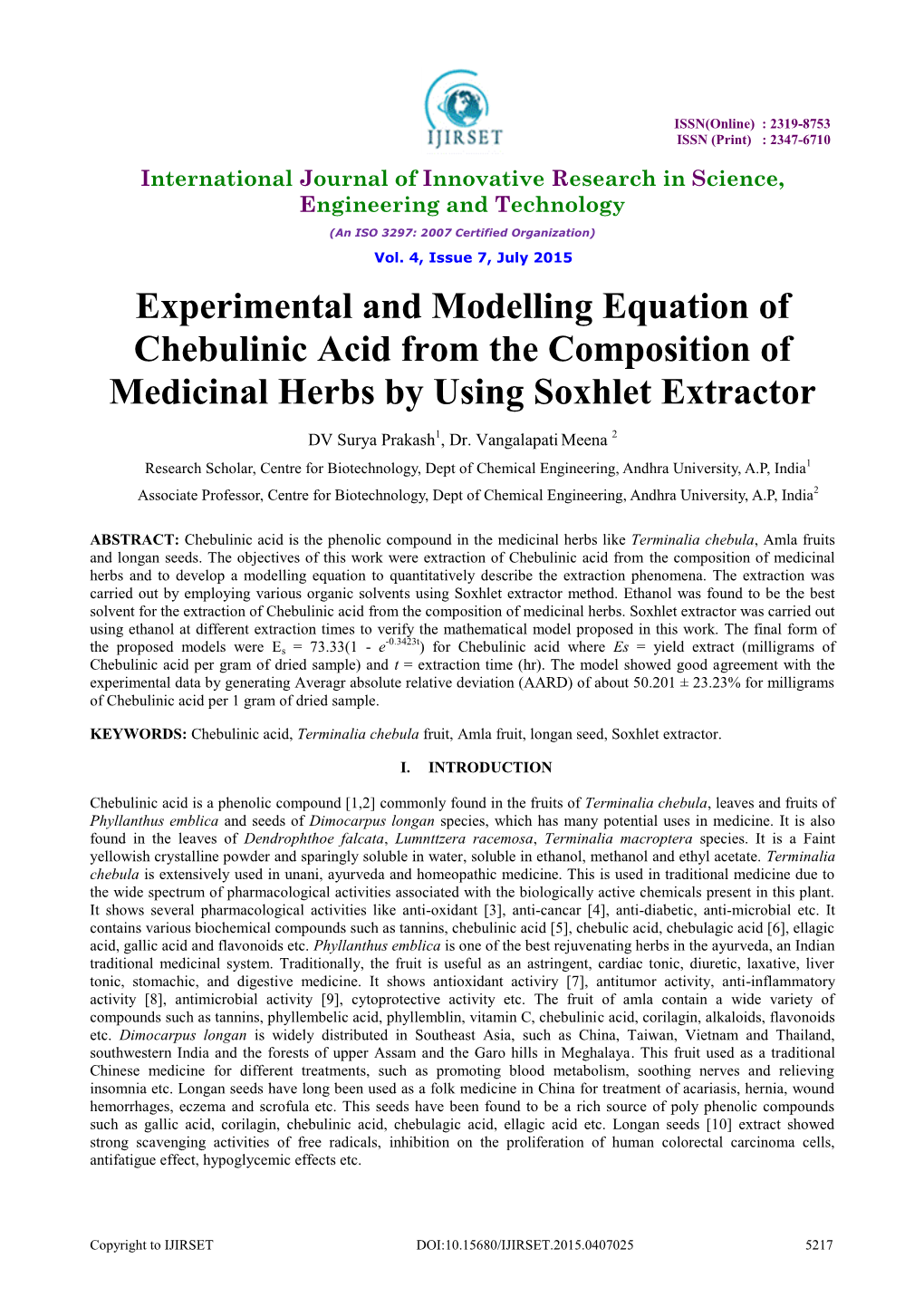 Experimental and Modelling Equation of Chebulinic Acid from the Composition of Medicinal Herbs by Using Soxhlet Extractor