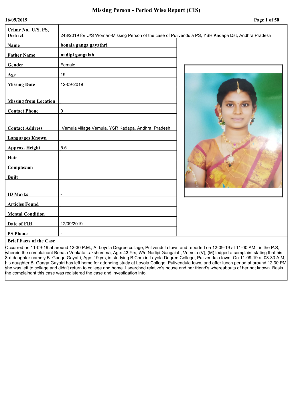 Missing Person - Period Wise Report (CIS) 16/09/2019 Page 1 of 50