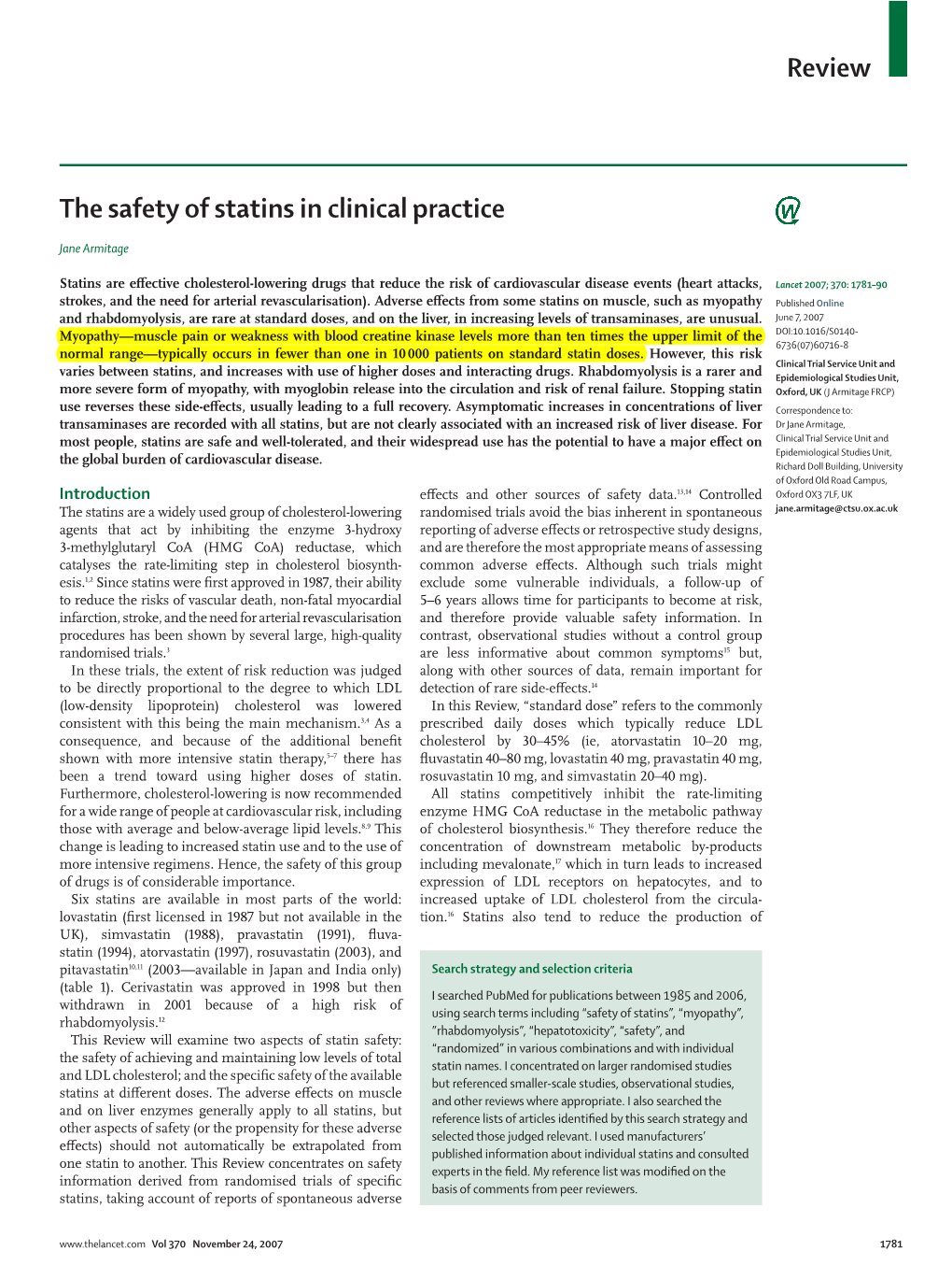 Review the Safety of Statins in Clinical Practice