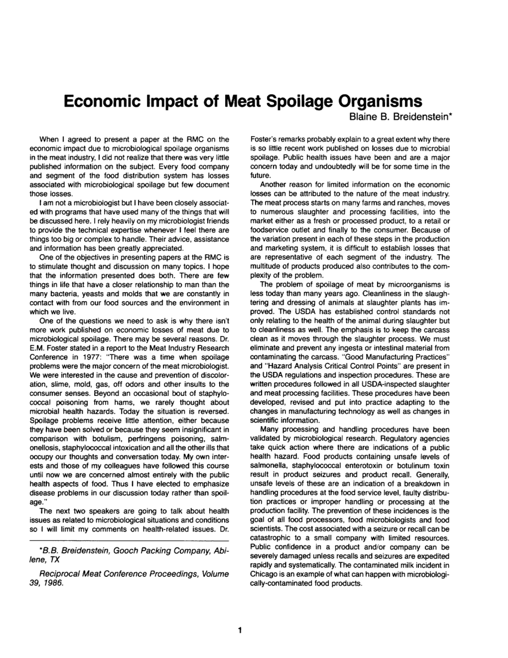 Economic Impact of Meat Spoilage Organisms Blaine B