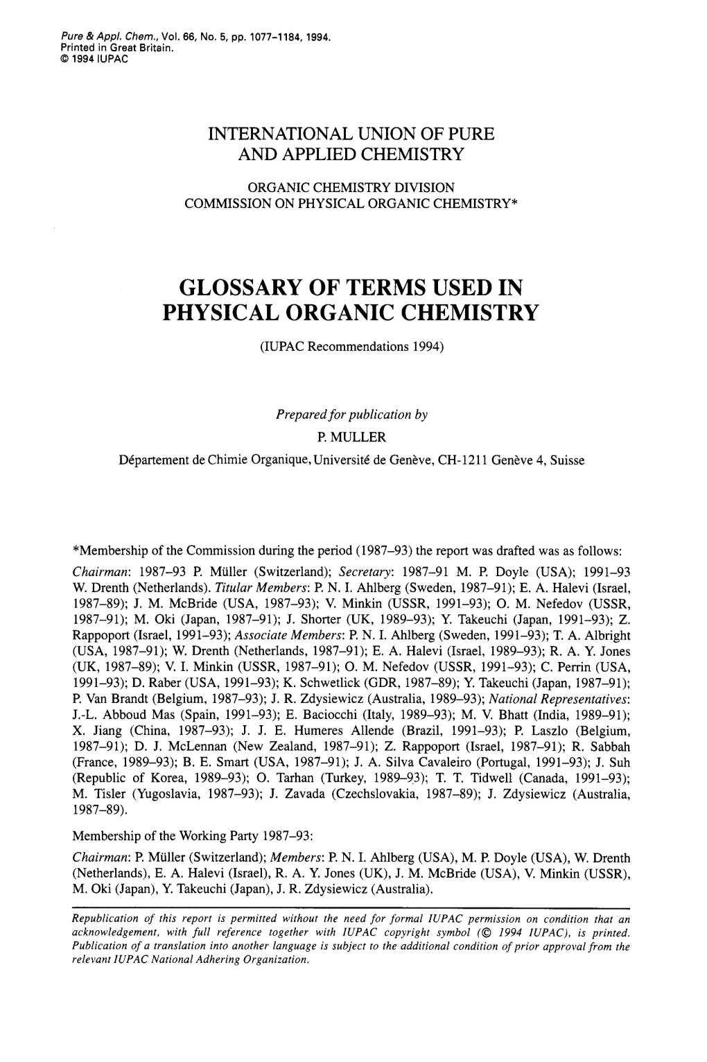 GLOSSARY of TERMS USED in PHYSICAL ORGANIC CHEMISTRY (IUPAC Recommendations 1994)