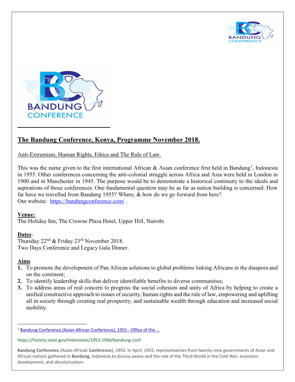 The Bandung Conference, Kenya, Programme November 2018