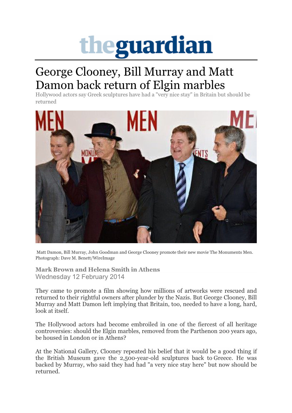 George Clooney, Bill Murray and Matt Damon Back Return of Elgin Marbles