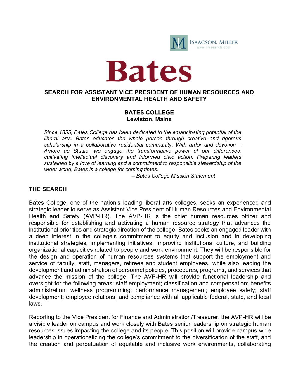 SEARCH for ASSISTANT VICE PRESIDENT of HUMAN RESOURCES and ENVIRONMENTAL HEALTH and SAFETY BATES COLLEGE Lewiston, Maine the SE