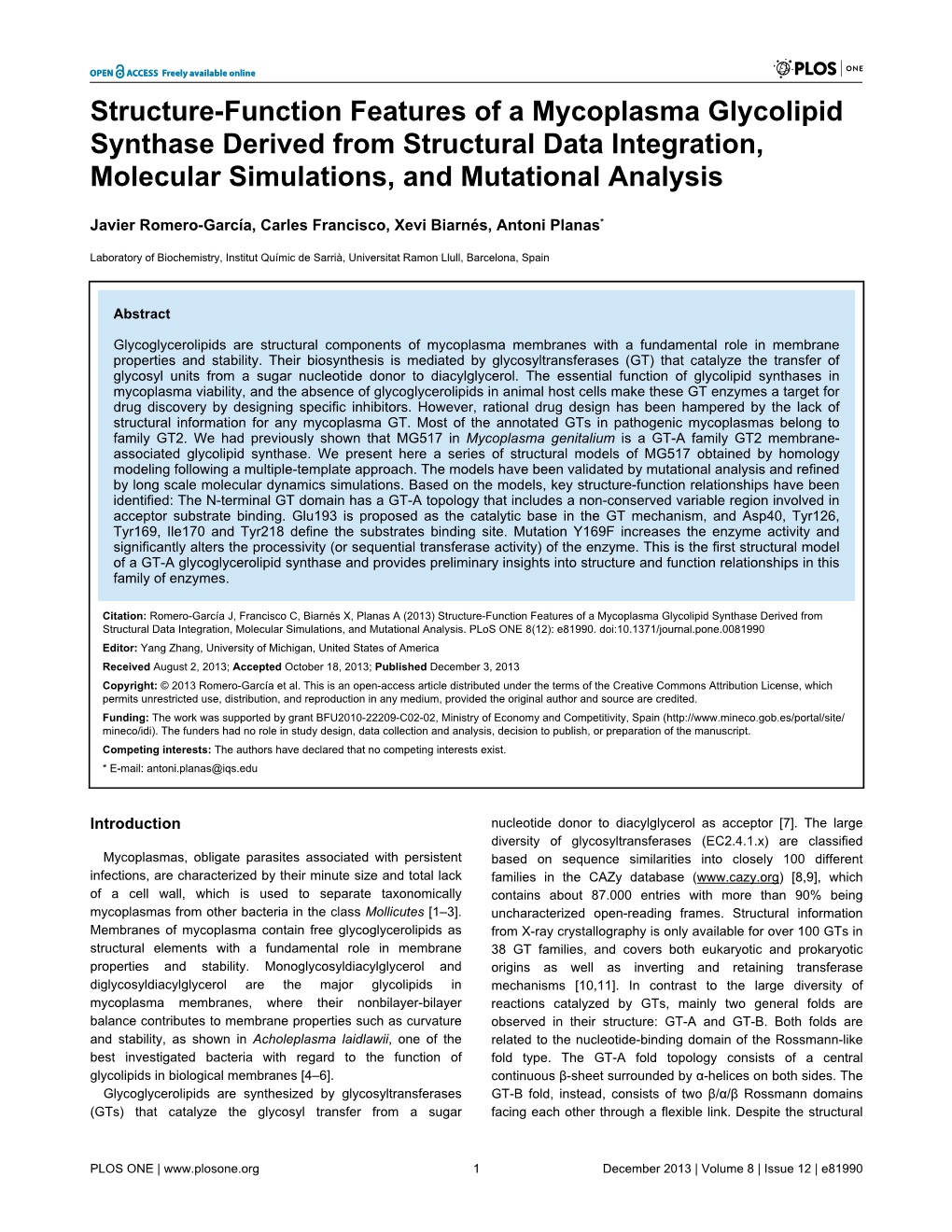 Structure-Function Features of a Mycoplasma Glycolipid Synthase Derived from Structural Data Integration, Molecular Simulations, and Mutational Analysis
