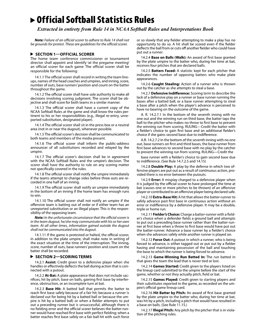 Official Softball Statistics Rules Extracted in Entirety from Rule 14 in NCAA Softball Rules and Interpretations Book