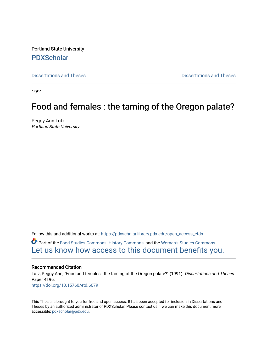 Food and Females : the Taming of the Oregon Palate?