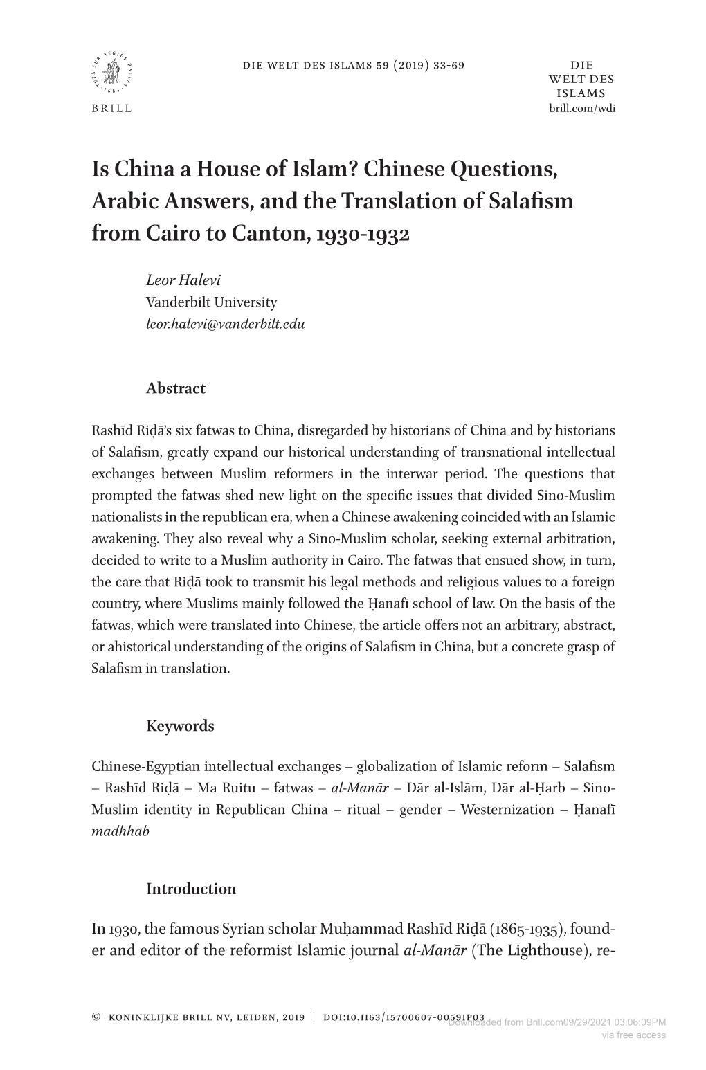 Is China a House of Islam? Chinese Questions, Arabic Answers, and the Translation of Salafism from Cairo to Canton, 1930-1932