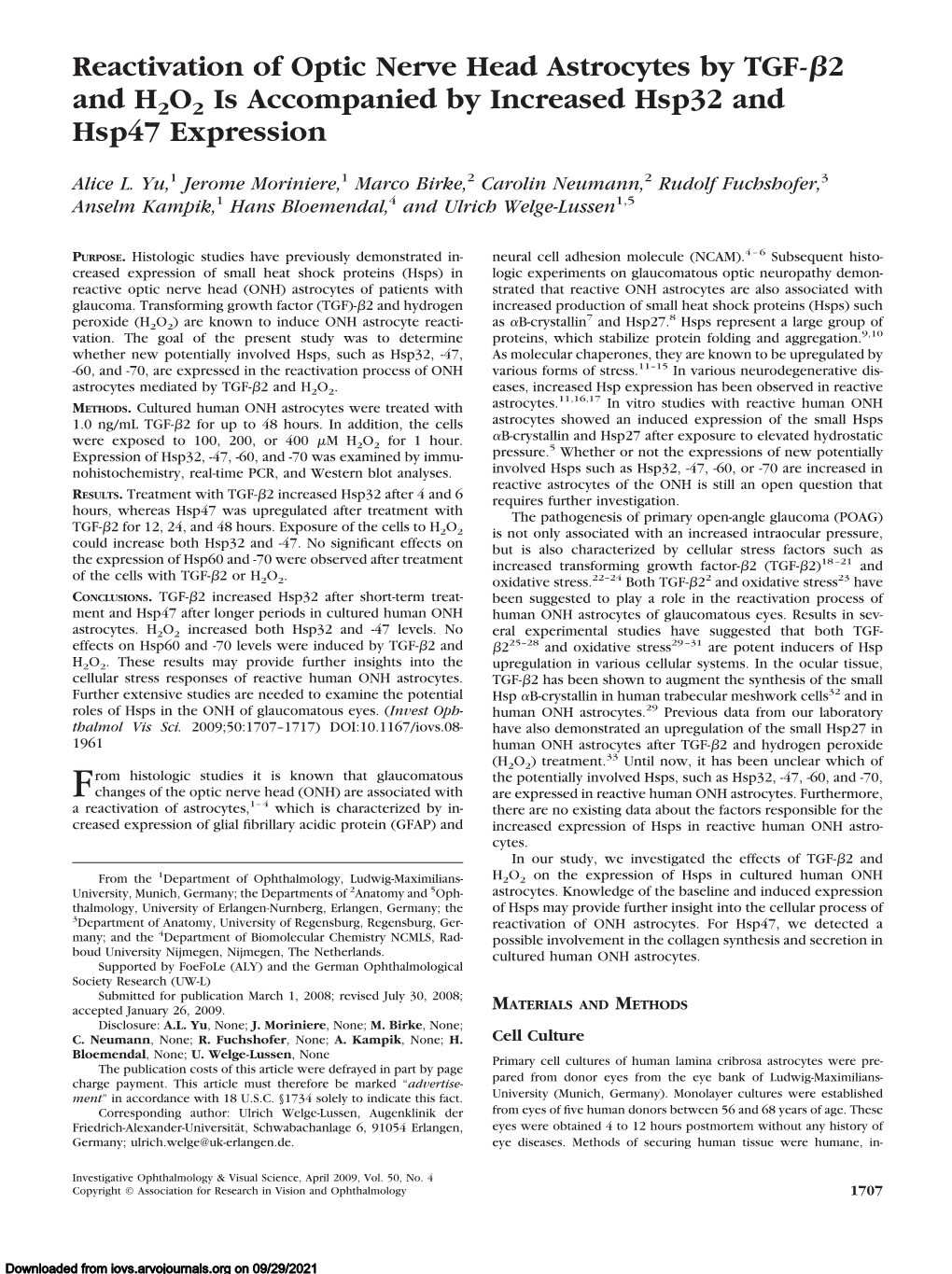 Reactivation of Optic Nerve Head Astrocytes by TGF- 2 and H2O2 Is