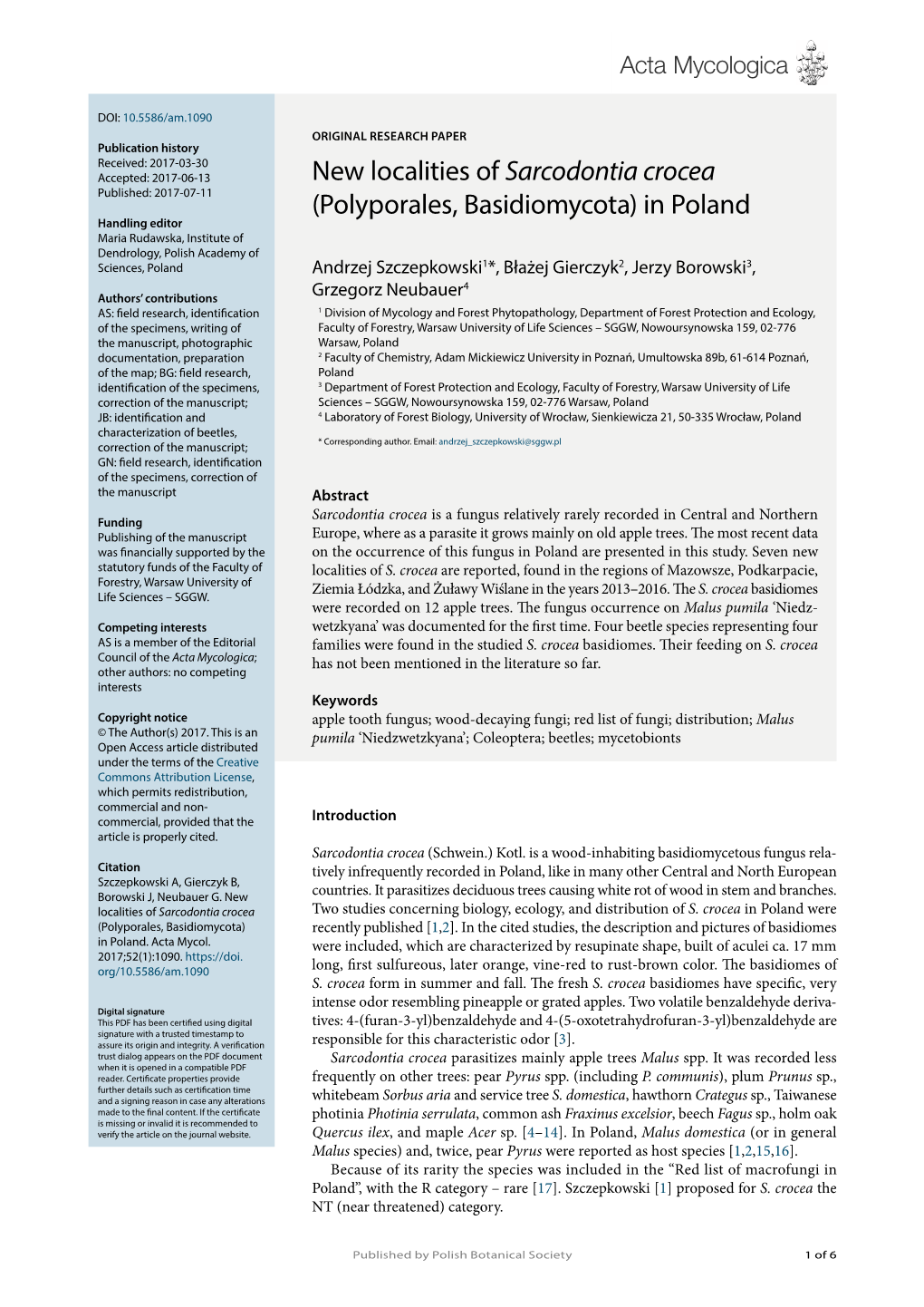 New Localities of Sarcodontia Crocea (Polyporales, Basidiomycota)