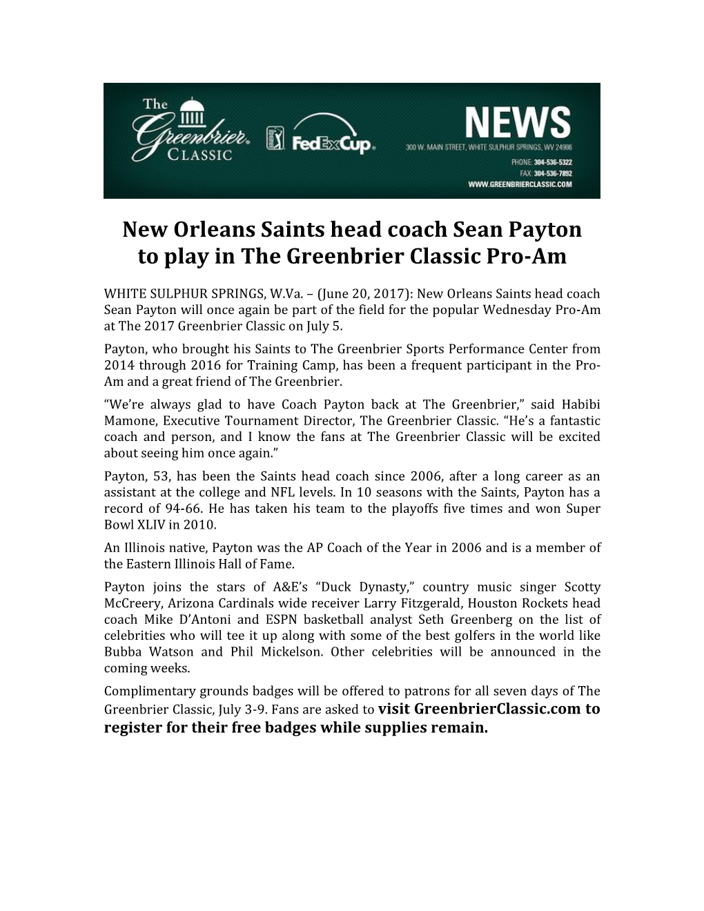New Orleans Saints Head Coach Sean Payton to Play in the Greenbrier Classic Pro-Am