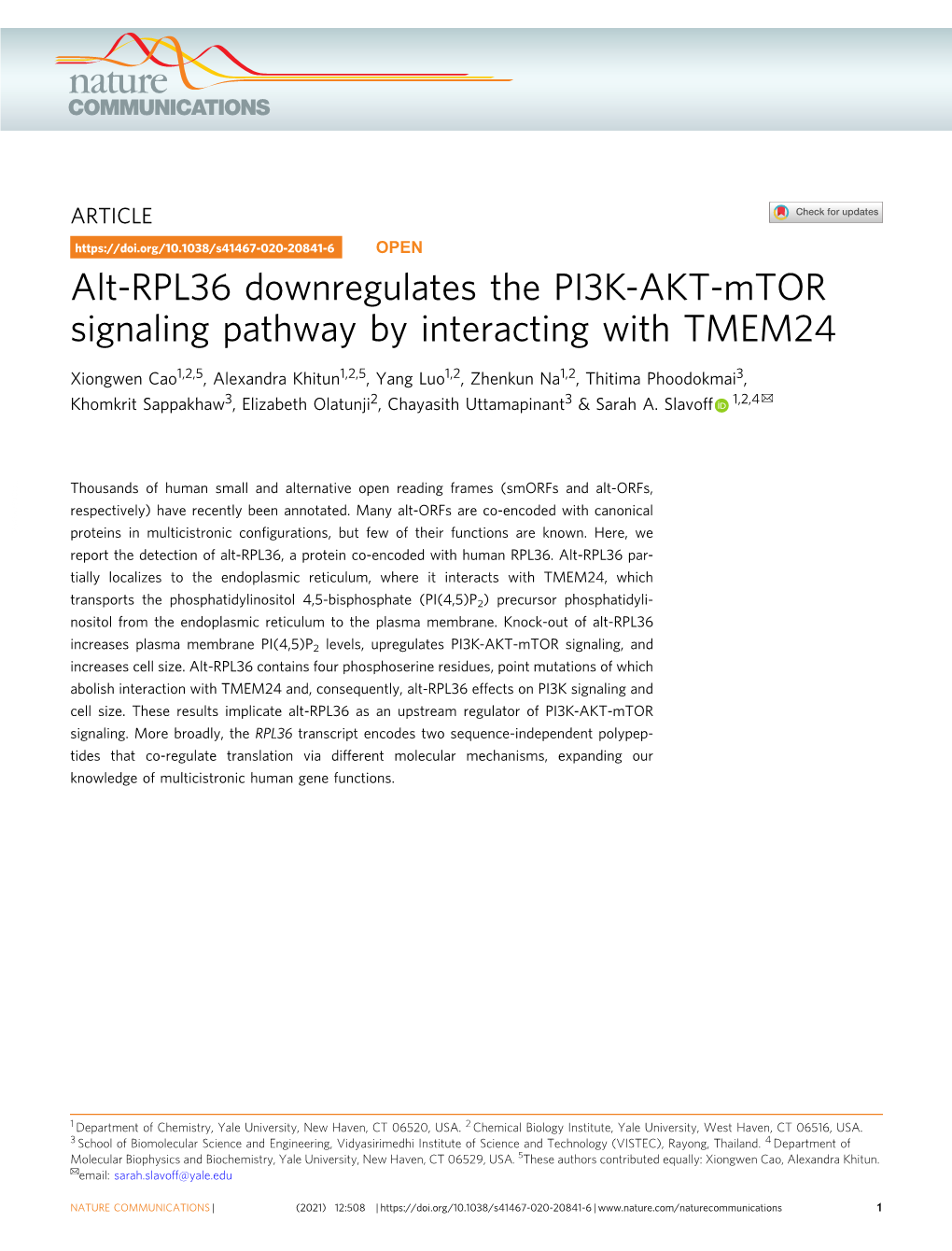 Alt-RPL36 Downregulates the PI3K-AKT-Mtor Signaling Pathway by Interacting with TMEM24