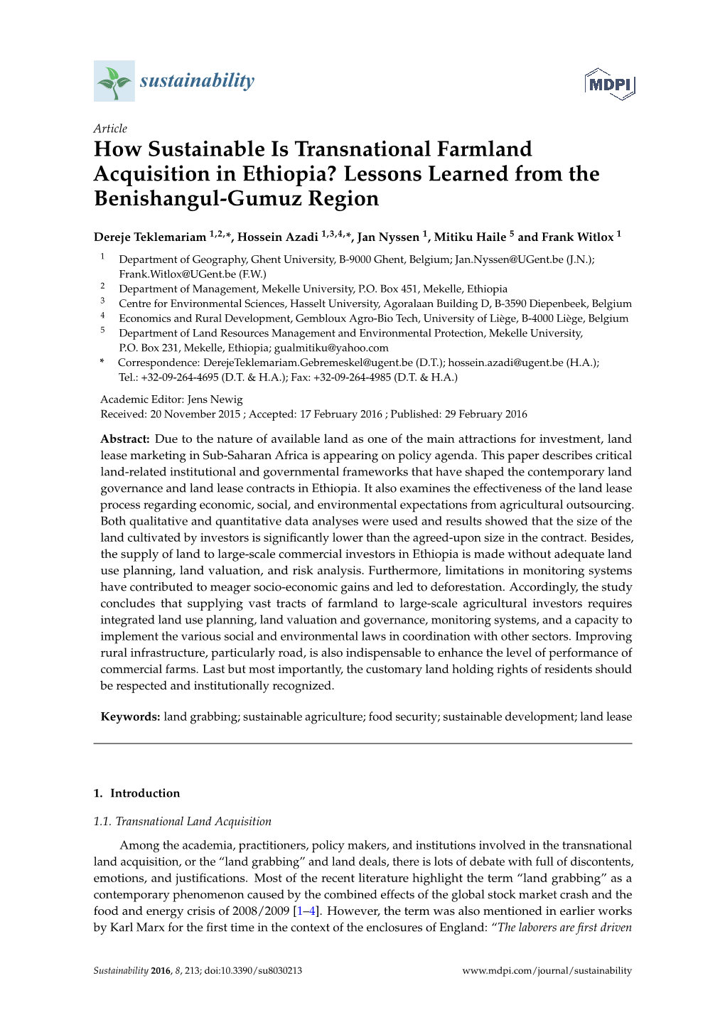 How Sustainable Is Transnational Farmland Acquisition in Ethiopia? Lessons Learned from the Benishangul-Gumuz Region