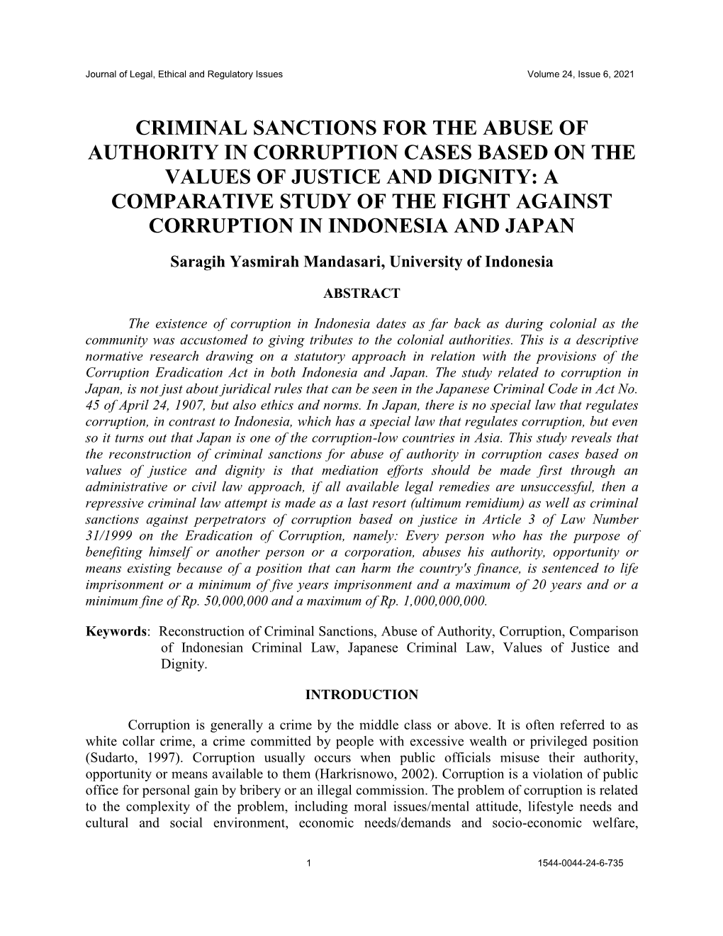 Criminal Sanctions for the Abuse of Authority in Corruption Cases