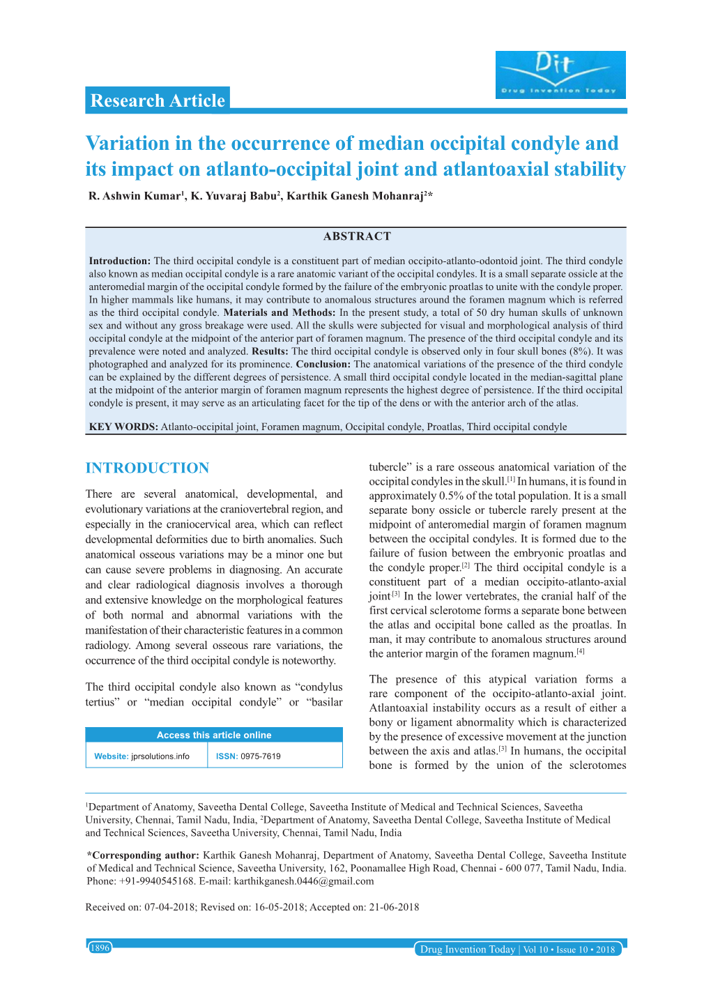 Variation in the Occurrence of Median Occipital Condyle and Its Impact on Atlanto-Occipital Joint and Atlantoaxial Stability R