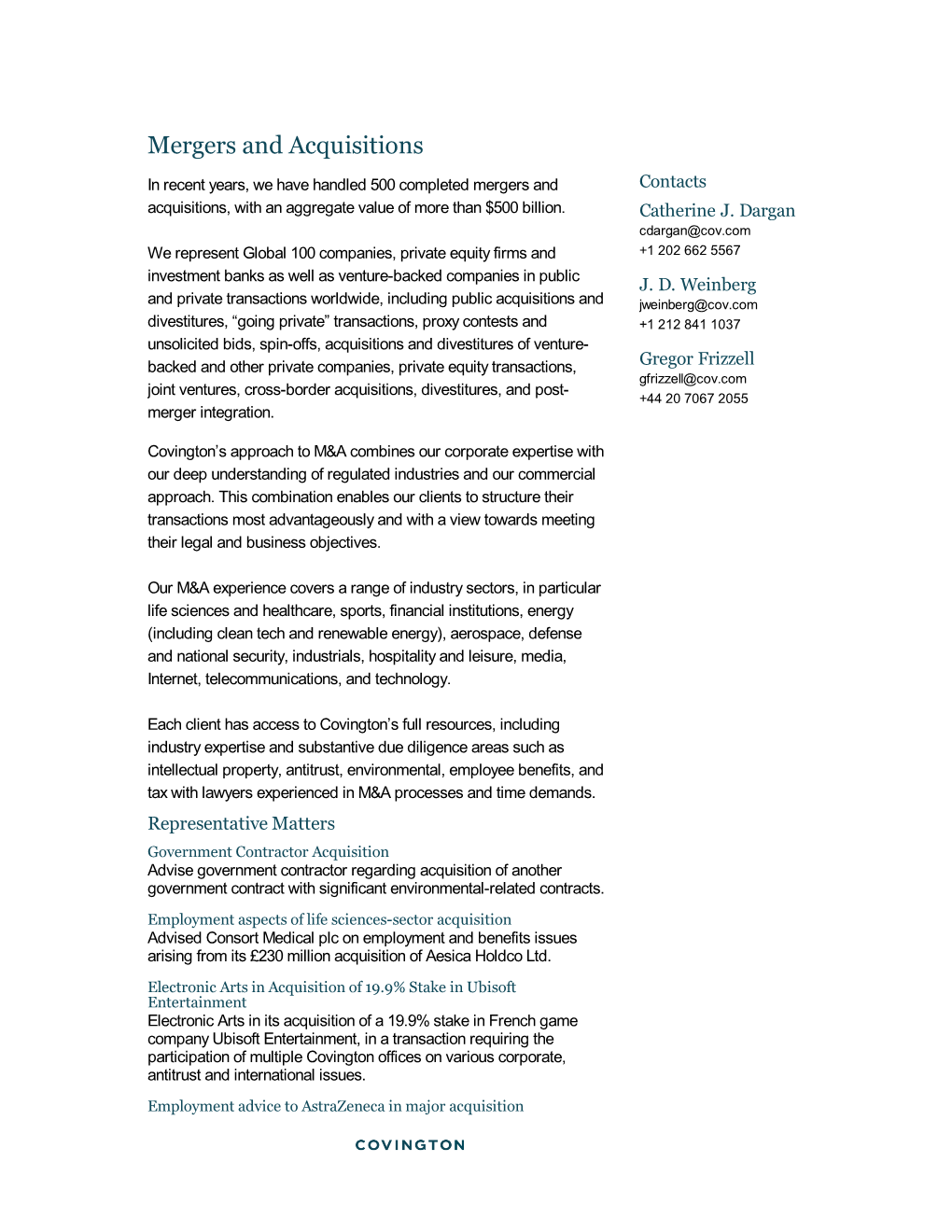 Mergers and Acquisitions in Recent Years, We Have Handled 500 Completed Mergers and Contacts Acquisitions, with an Aggregate Value of More Than $500 Billion