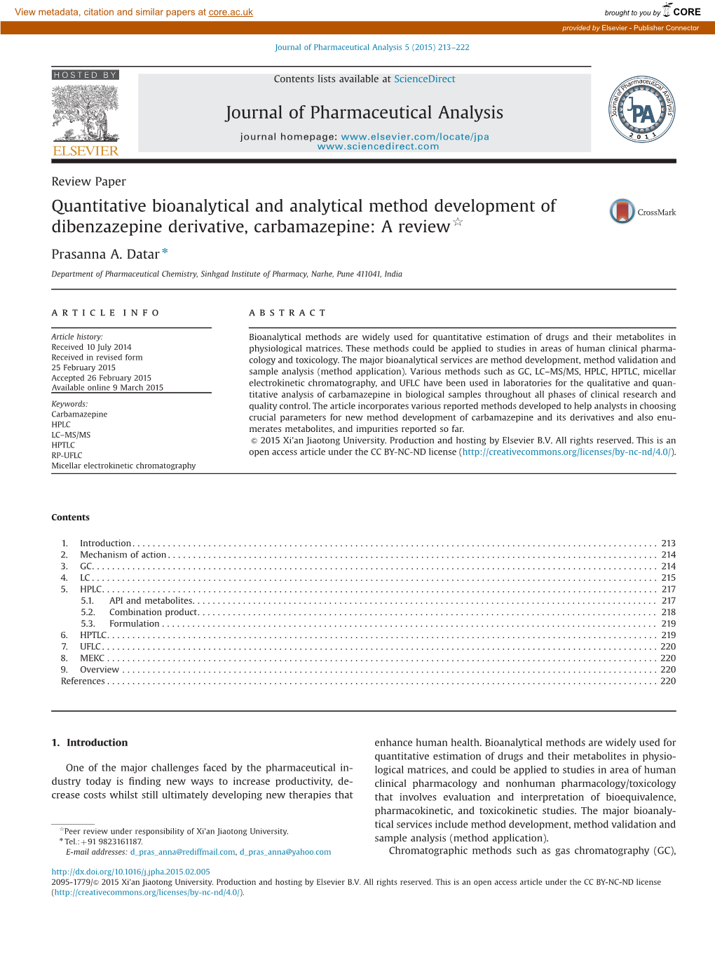 Quantitative Bioanalytical and Analytical Method Development of Dibenzazepine Derivative, Carbamazepine: a Review$