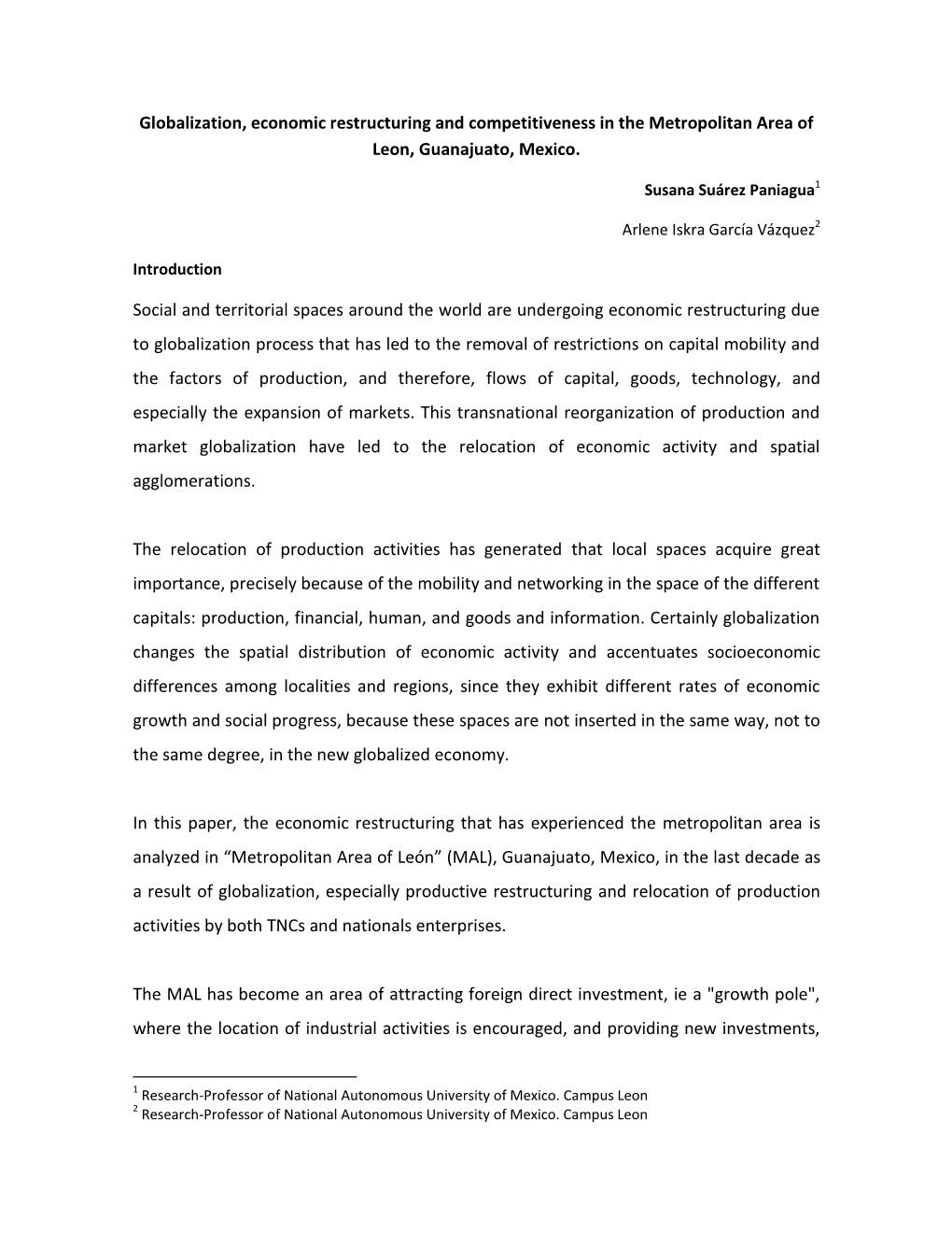 Globalization, Economic Restructuring and Competitiveness in the Metropolitan Area of Leon, Guanajuato, Mexico