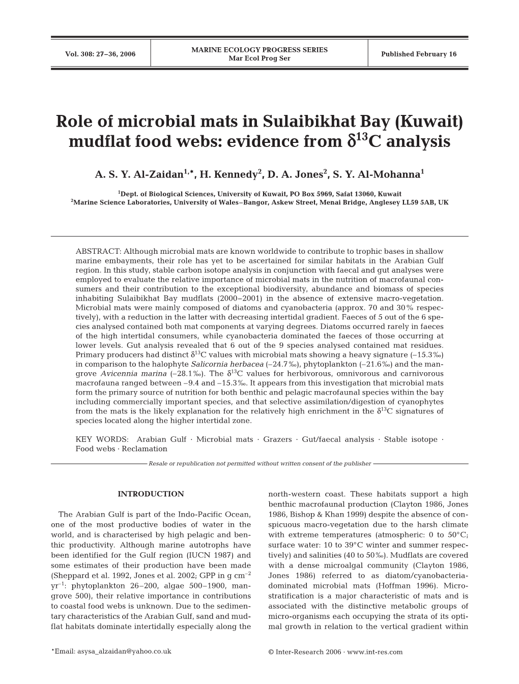 Role of Microbial Mats in Sulaibikhat Bay (Kuwait) Mudflat Food Webs: Evidence from Δ13c Analysis