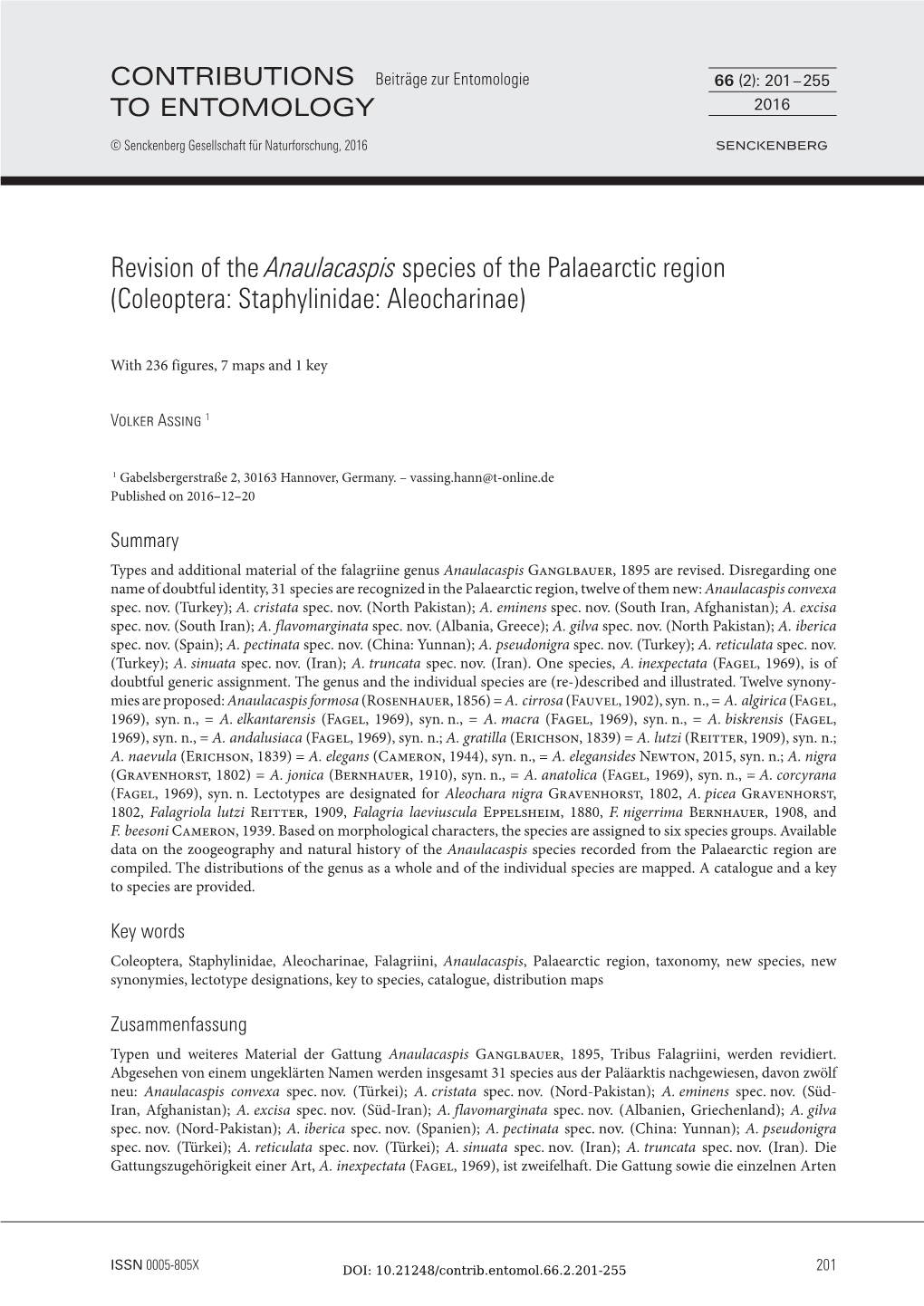 Revision of the Anaulacaspis Species of the Palaearctic Region (Coleoptera: Staphylinidae: Aleocharinae)