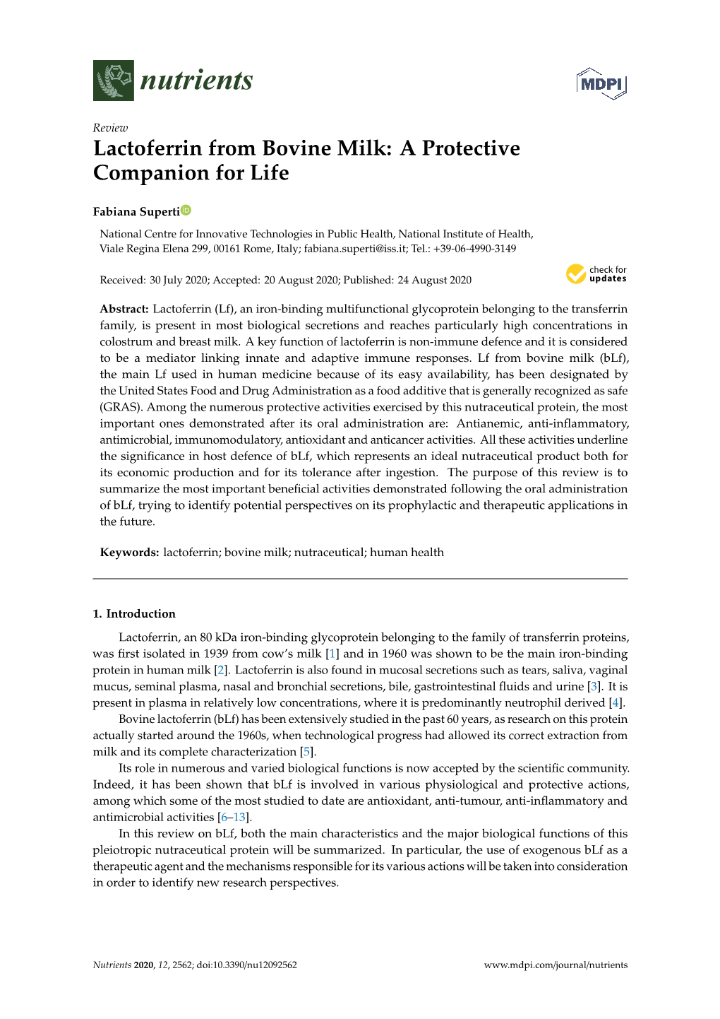 Lactoferrin from Bovine Milk: a Protective Companion for Life