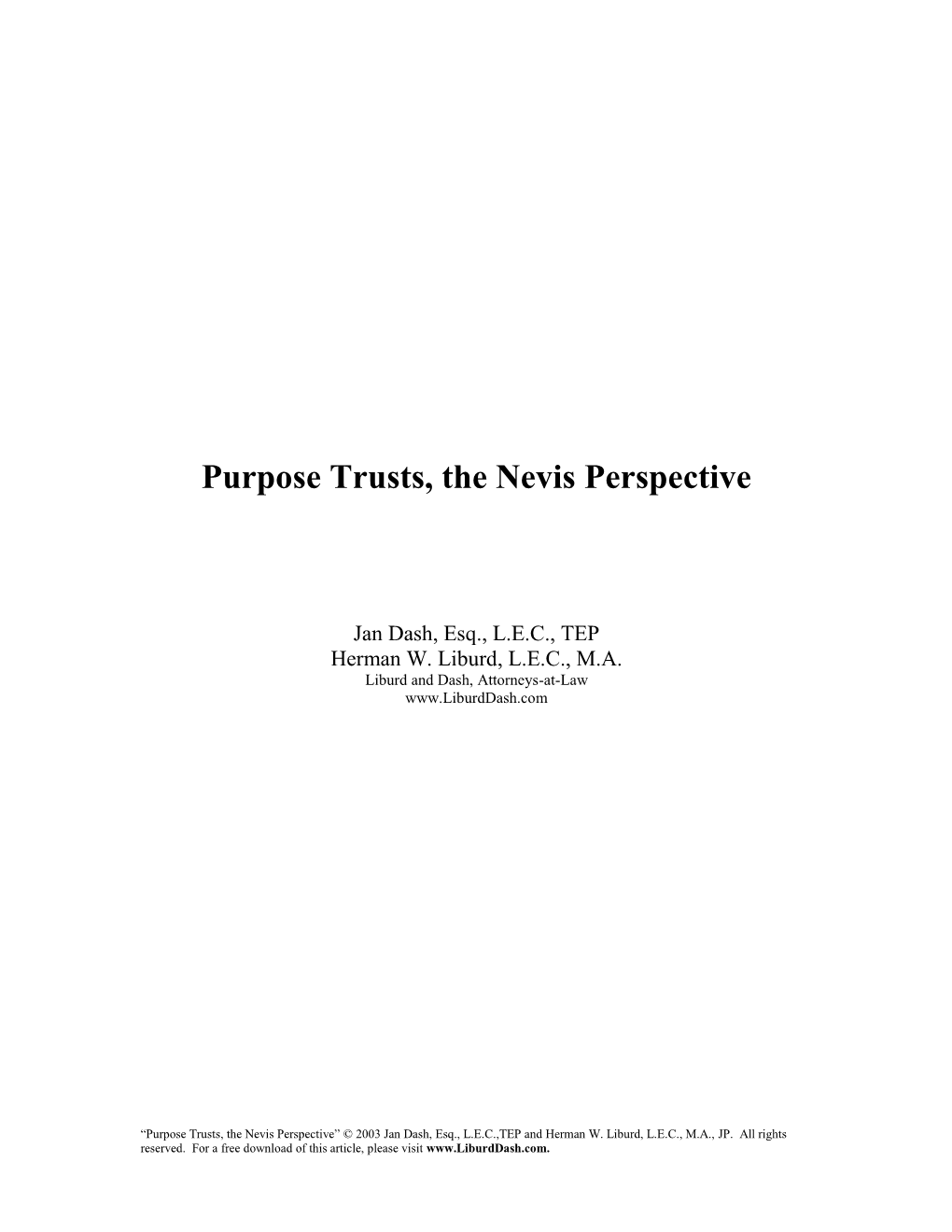 Purpose Trusts, the Nevis Perspective